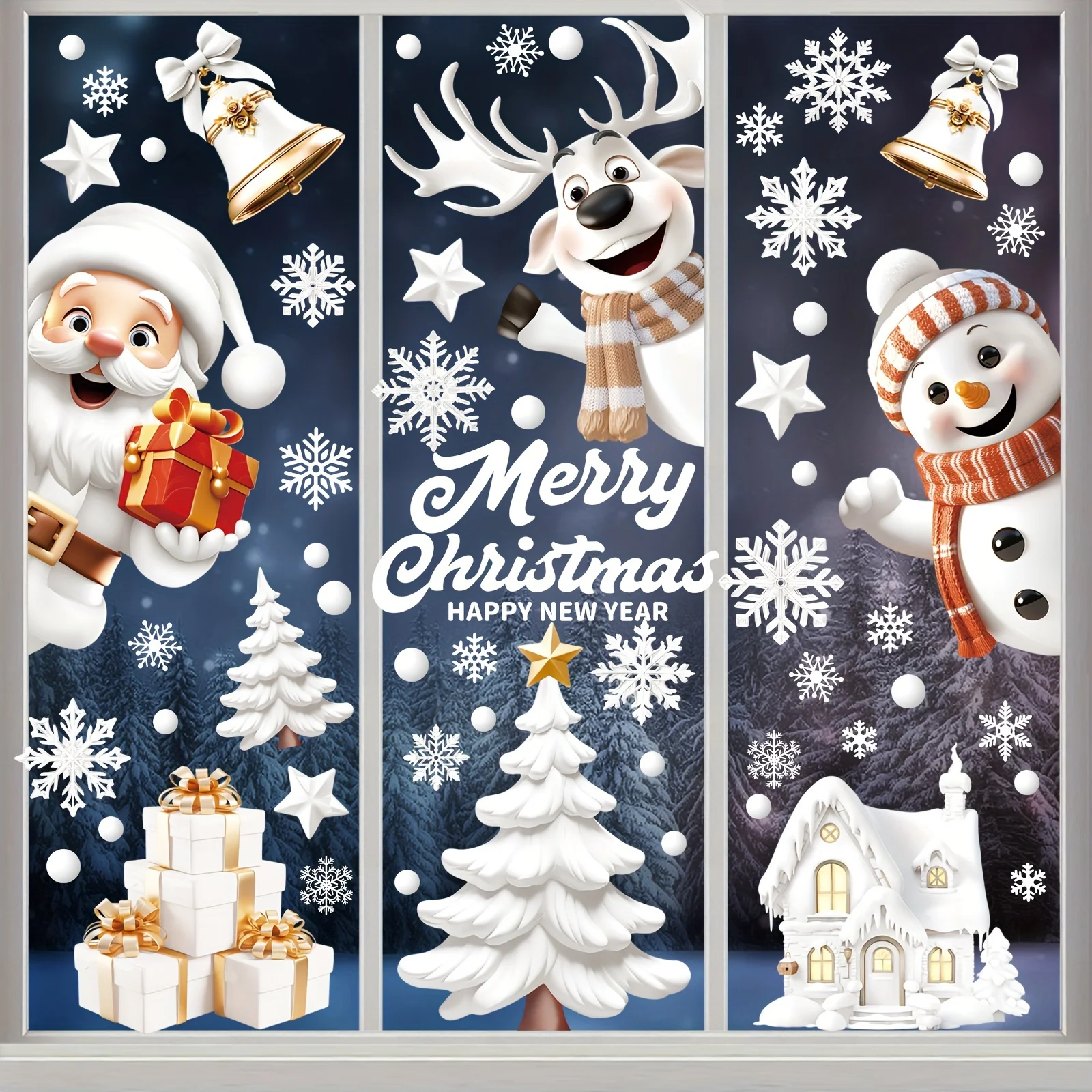 9 sheets Festive Double-Sided Christmas Window Clings - Reusable PVC Decorative Art, Featuring Santa,Snowmanstatic cling sticker