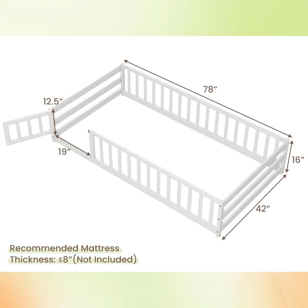 Giantex Twin Floor Bed with Door & Fence, Kids Wood Montessori Bed with Safety Guardrails, Floor Bed Frame for Kids, Boys