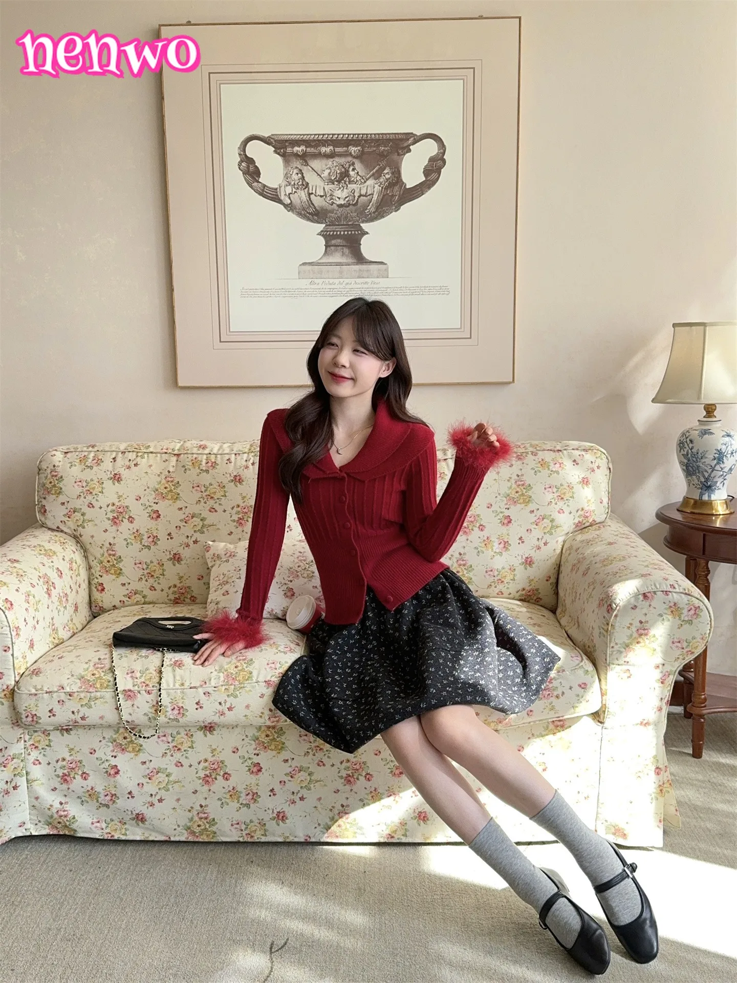 النمط الفرنسي لطيف بدوره إلى أسفل طوق كم طويل محبوك سترة علوية للنساء الخريف الشتاء الحلو دعوى الصوف الأزهار تنورة faldas