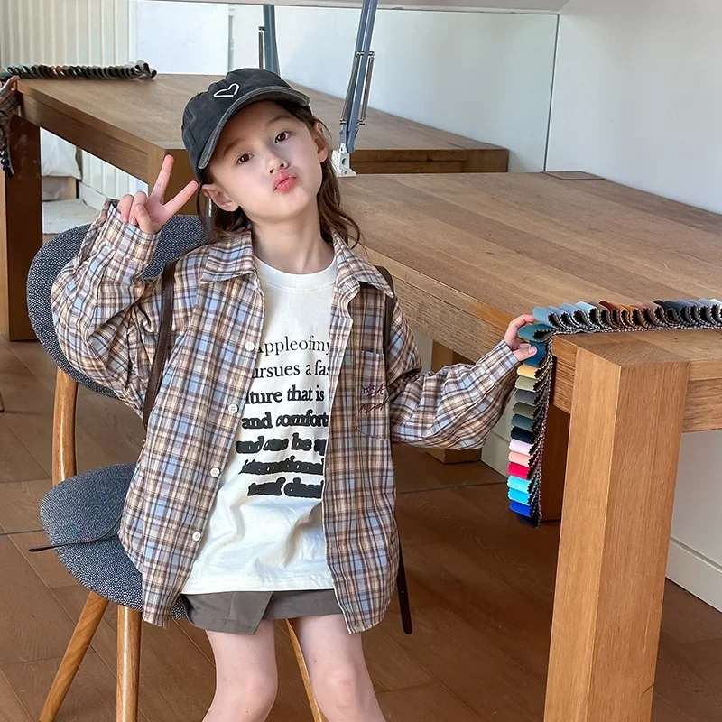 Girls' Korean Version of Casual Loose Plaid Shirt Autumn Children's Thin Coat Polished Plaid Shirt Casual Fashion