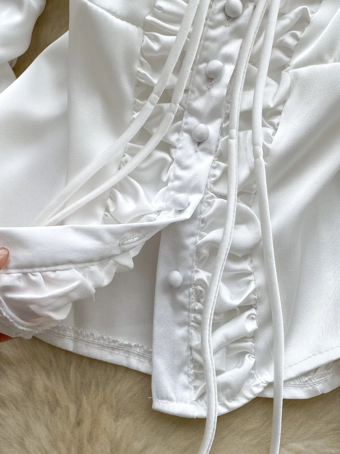 Foamlina Floral Lace Hem Open Back Slim Shirt Women Fashion Solid Deep V Neck Long Sleeve Lace Up Buttons Ruched Shirt Blouse