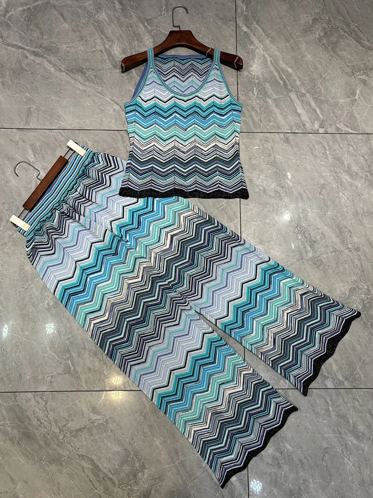 Spring Summer Fashion Gold Thread Zigzag Pattern Knitting Wide Leg Pants Suit Women's O-Neck Slim Vest + Elastic Waist Trousers