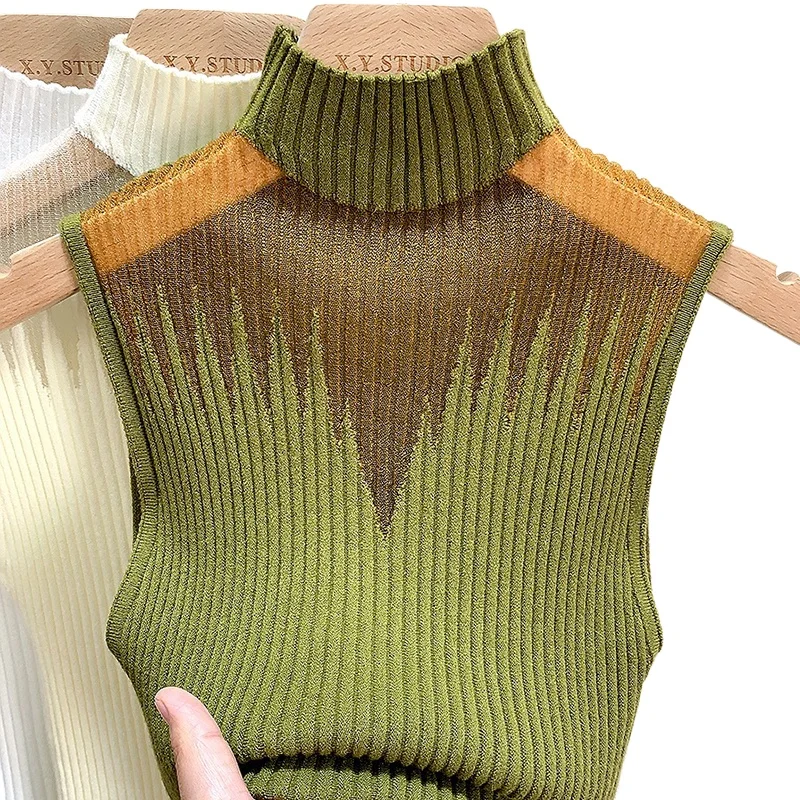 Women's Sleeveless Mesh Knitted Top, Tank Top, Half Neck Vest, Female Chic Cut Out Streetwear, Solid Skinny, White Tube Top, Y2K