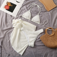 2025 Summer Halter Bikini 3 Pieces sets Women swimsuit Sexy Thong Swimwear With Sarong Skirt White Beachwear купальник женский