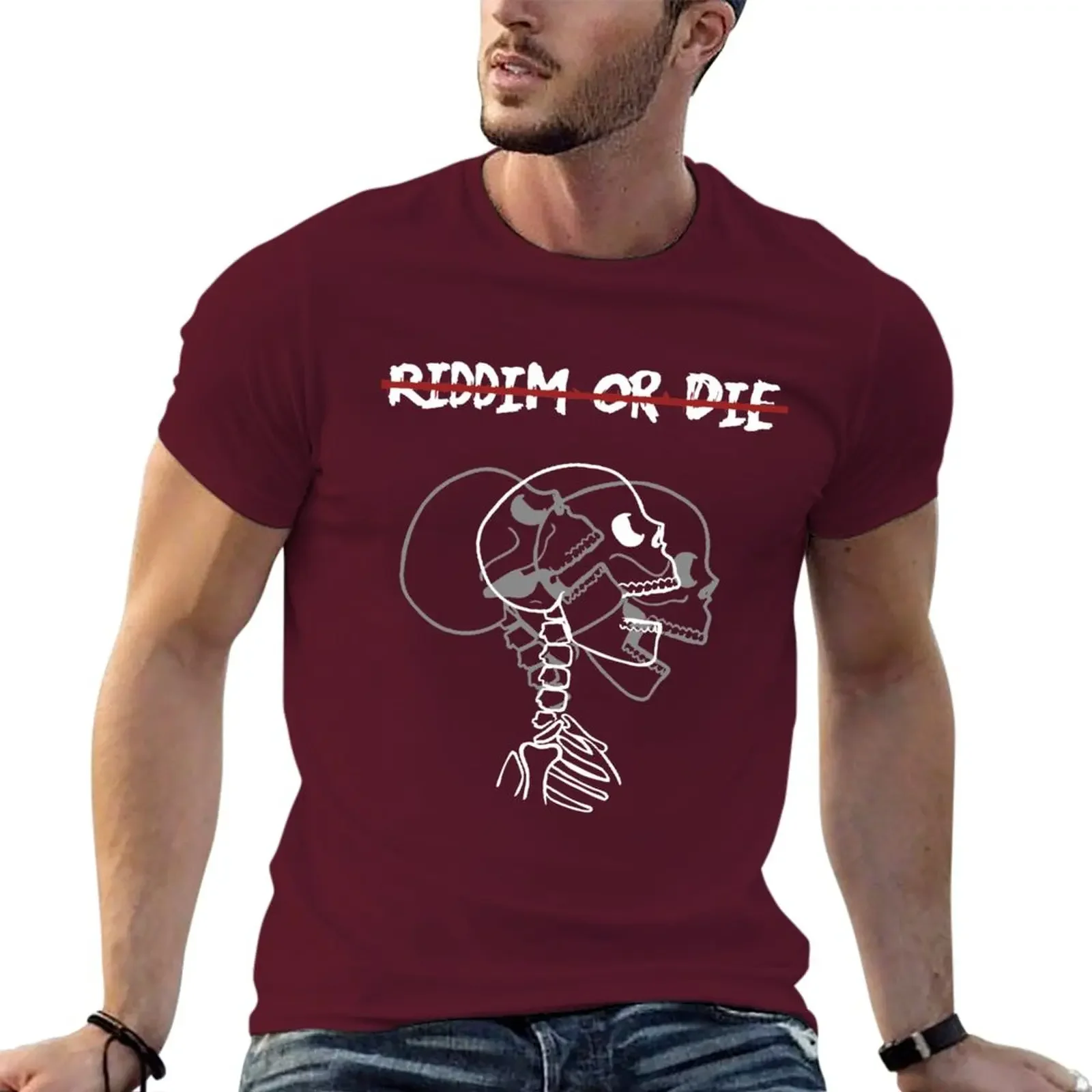 Vintage clothes hippie clothes korean fashion Men's clothing Riddim or die, skull headbang T-Shirt graphic men clothing summer