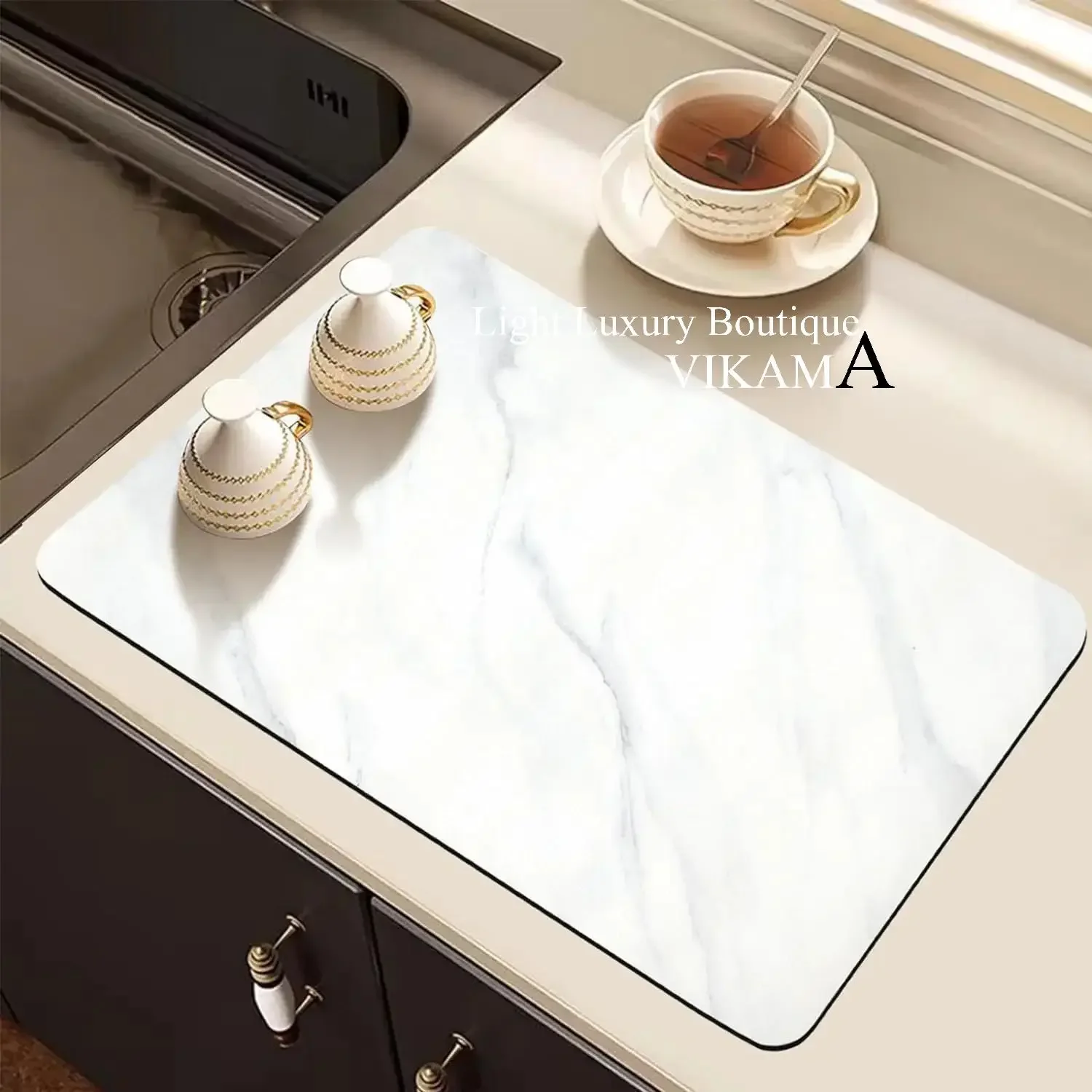 VIKAMA Marble Pattern Diatomite Placemat Kitchen Countertop Absorbent Mat Bar Tabletop Tableware Draining Mat Home Decor