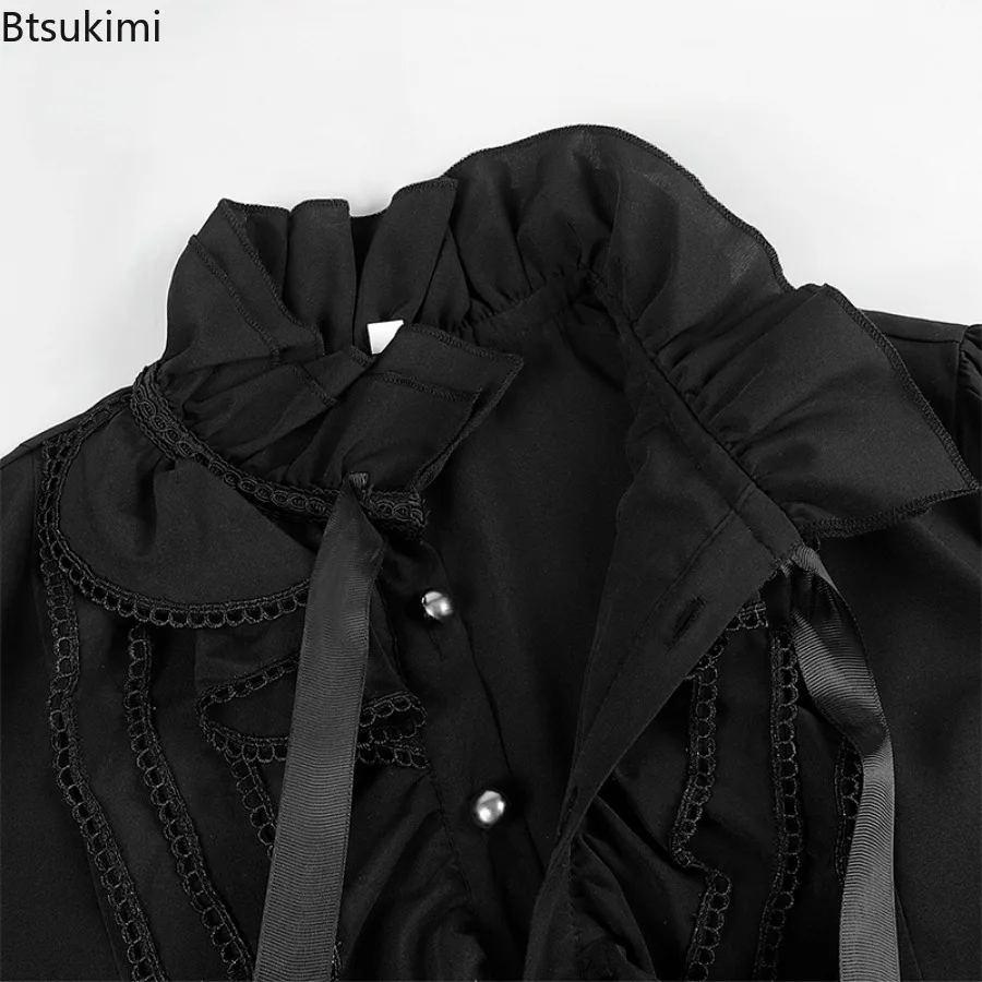 Men's Fashion Retro Gothic Shirts And Blouses Victorian Medieval Ruffle Pirate Puff Sleeve Solid Black Tops Shirt Men Clothing - view 5