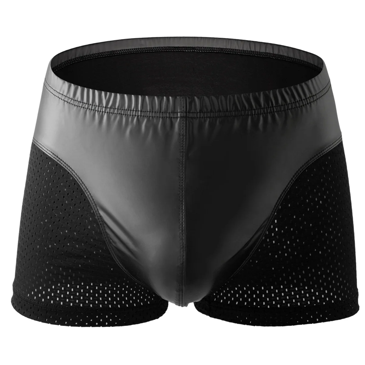 

Men Underwear Boxer Short Homme Black Faux Leather Mesh Panties Man Breathable U Convex Pouch Underpants Cueca Calzoncillo