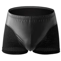 Boxer Court en Faux Cuir Noir pour Homme, Culotte en Maille, Respirant, U Convexe, en Poudre