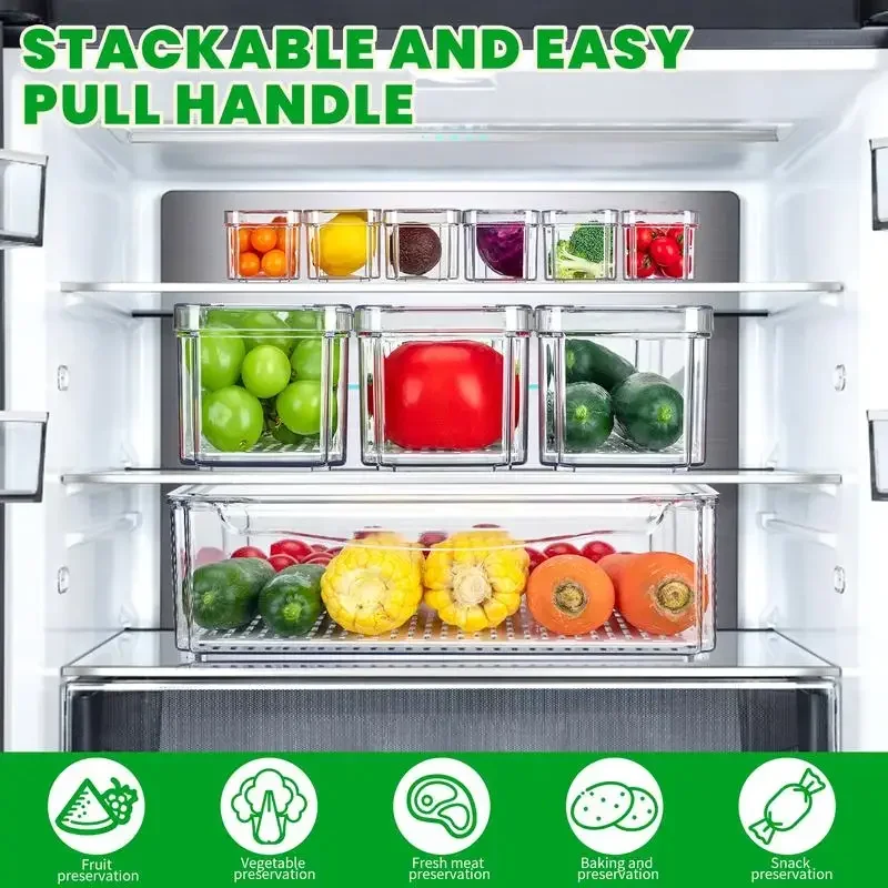 10 Pack Fridge Organizer, Stackable Refrigerator Organizer Bins with Lids,  Drinks, Vegetable Storage Kitchen Transparent