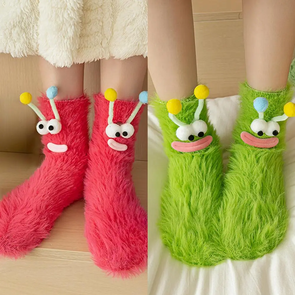 Funny 3D Xmas Cartoon Eyes Coral Velvet Thickened Warm Plush Socks Parent-child Floor Sleeping Socks Coldproof Fluffy Socks gift