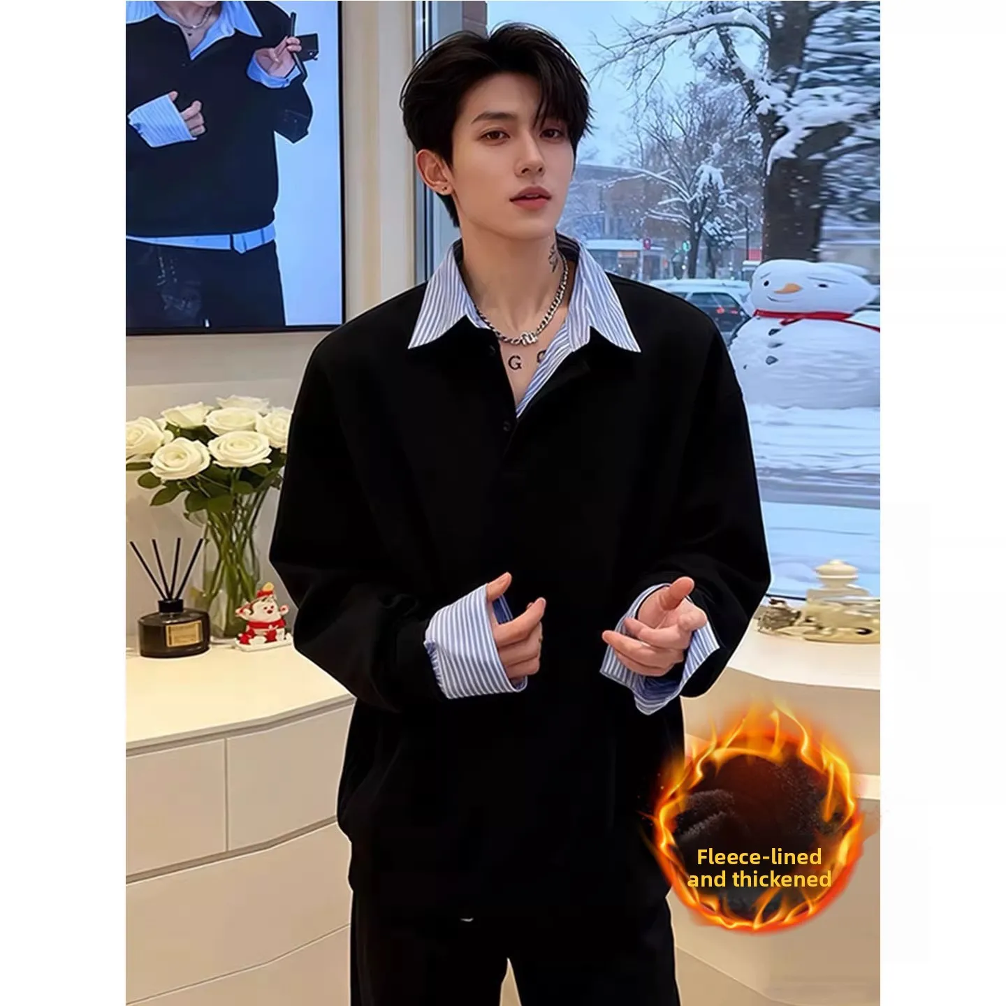 

College Style Fleece Lined Men's Shirt Fake Two-Piece Thick Sweatshirt Overcoat Layering Long Sleeve Zipper Color