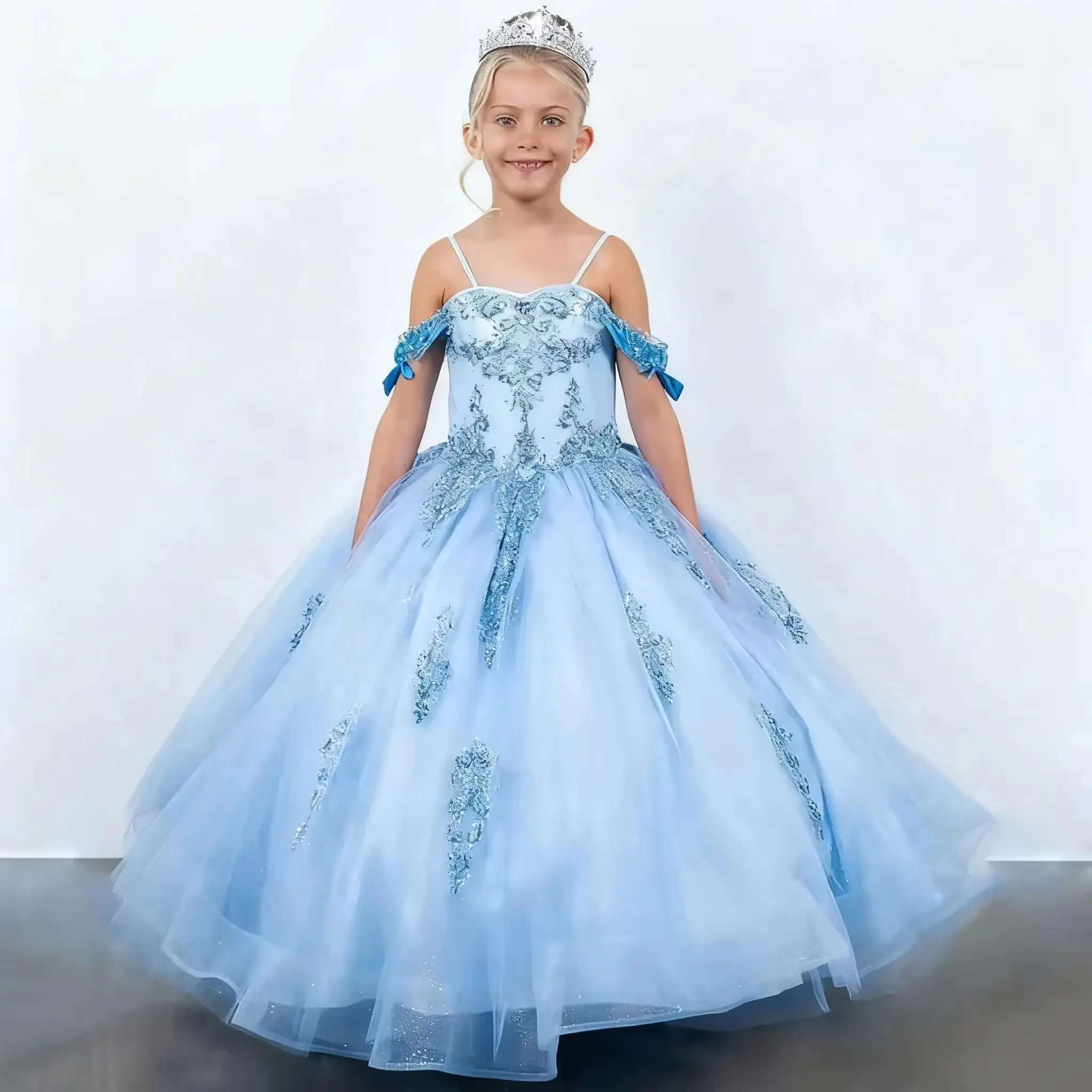 Custom Sky Blue Flower Girl Dress with Bow & Appliques Floor Length Princess Gown for Wedding Quinceanera Birthday Party Kids