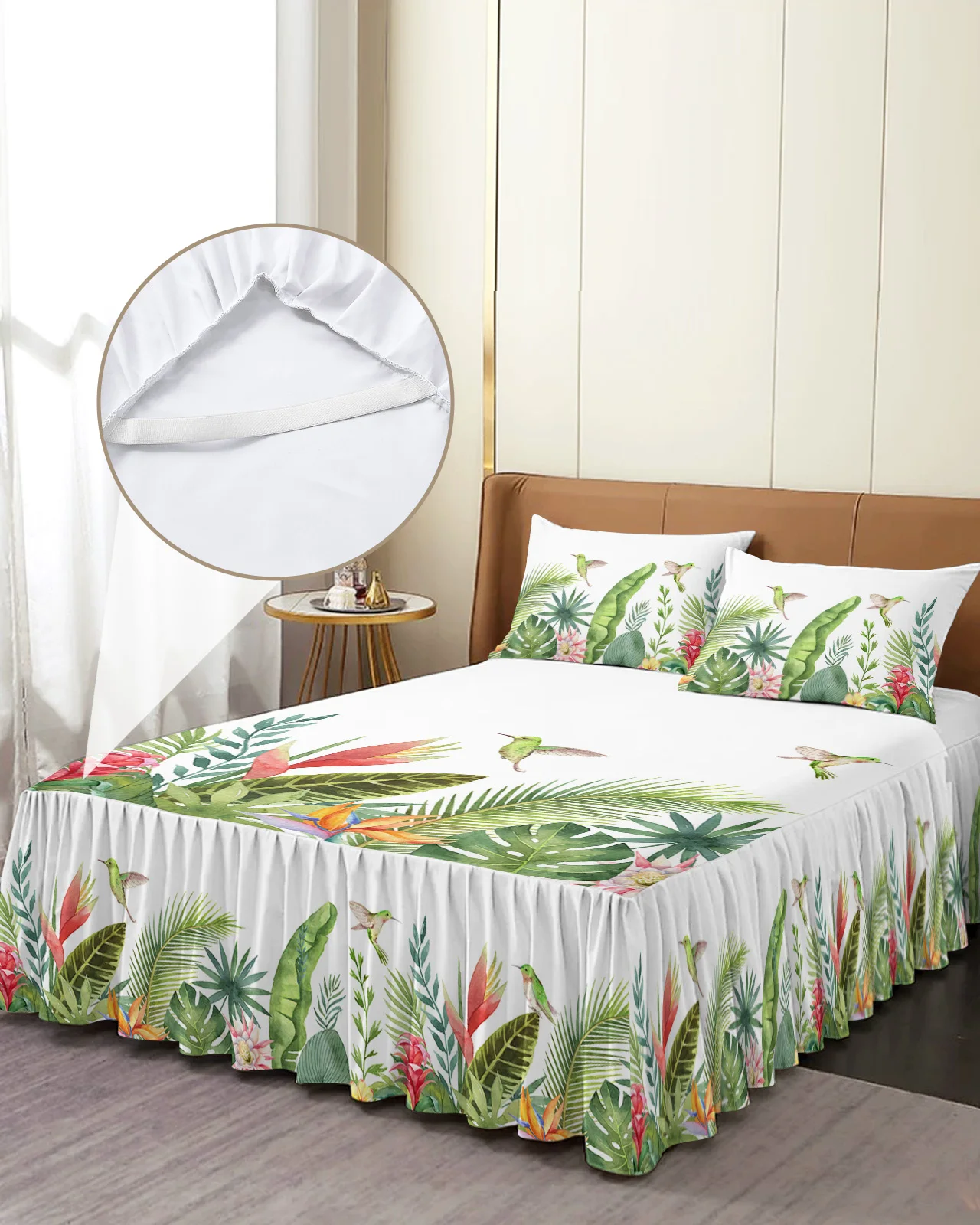 Ins Style Tropical Plants Palm Leaves Bed Skirt Elastic Fitted Bedspread With Pillowcases Mattress Cover Bedding Set Bed Sheet