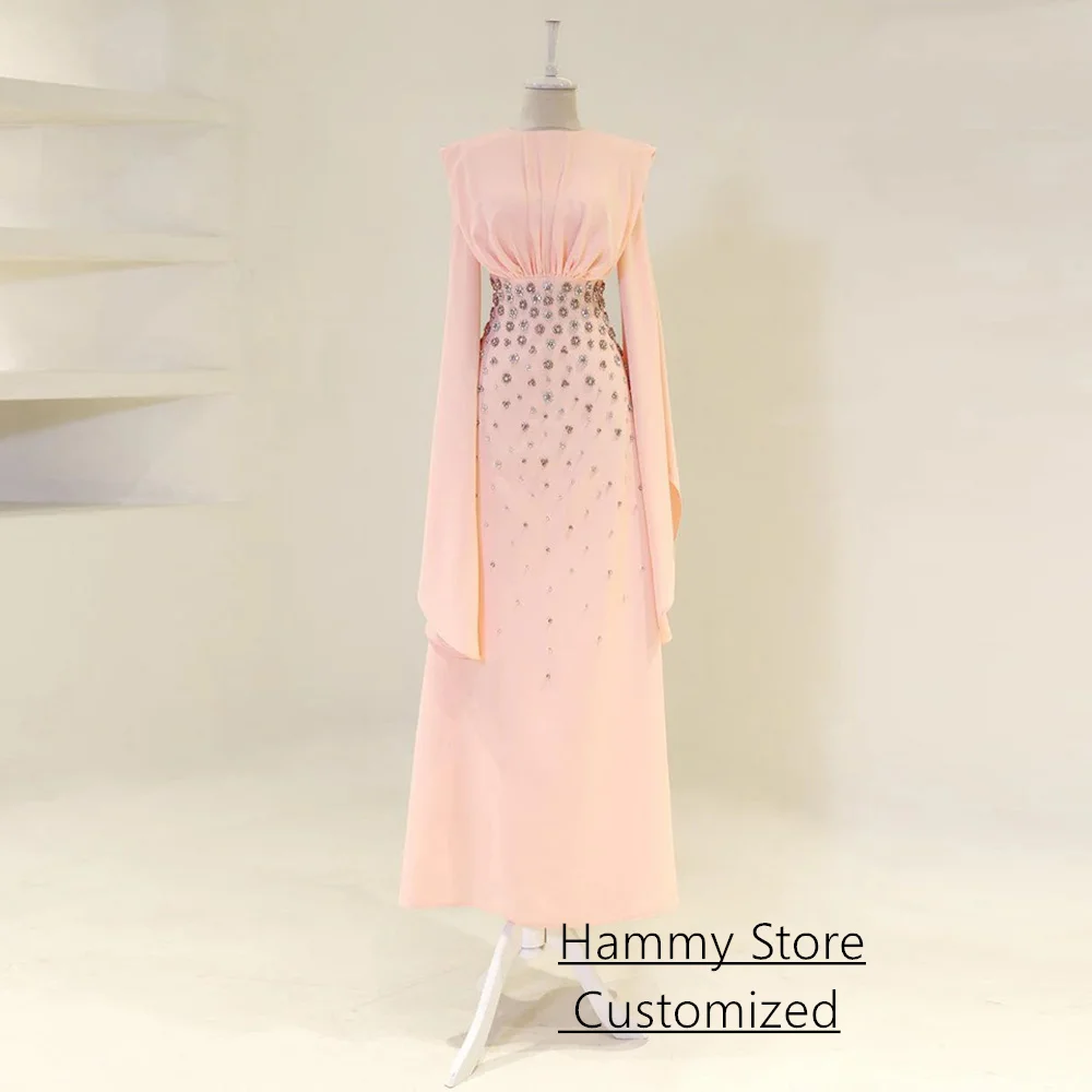 فستان سهرة مخصص للحفلات العربية متواضع برقبة دائرية وأكمام طويلة مطرز بالأحجار فساتين رسمية للحفلات الراقصة للمرأة