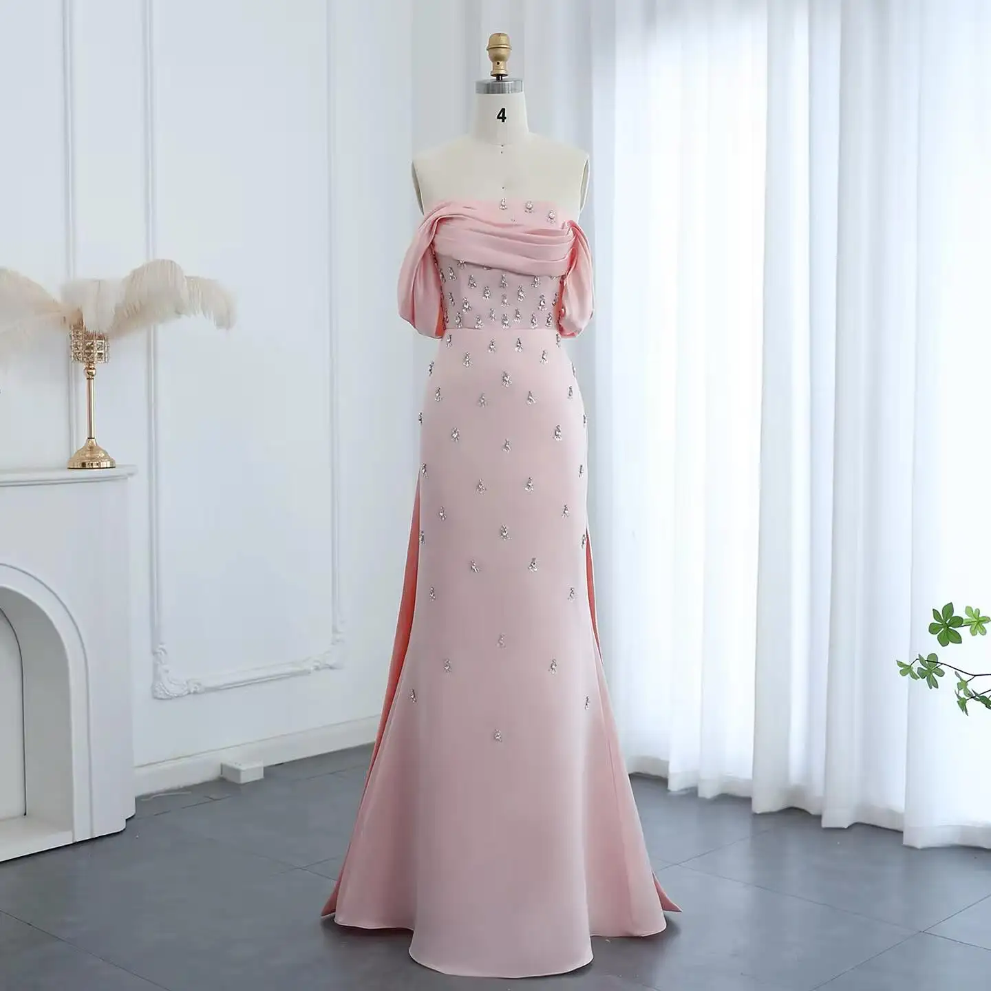 

Customized Delicate Strapless Off the Shoulder Crystal Evening Dresses Graceful Panel Train Vestido De Festa Vestido De Noche