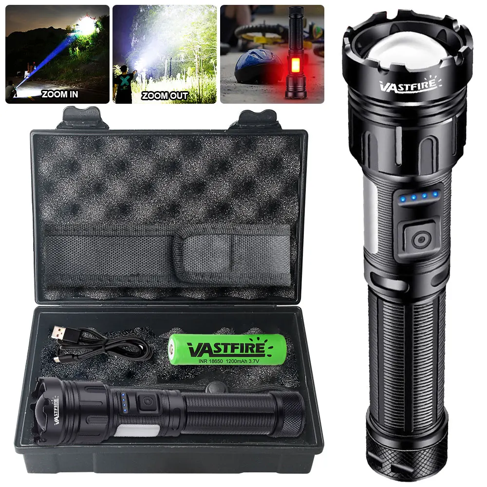 

High Power Rechargeable LED Tactical Flashlight With COB Aluminum Alloy Telescopic Zoom Torch Lamp for Outdoor Camping Fishing