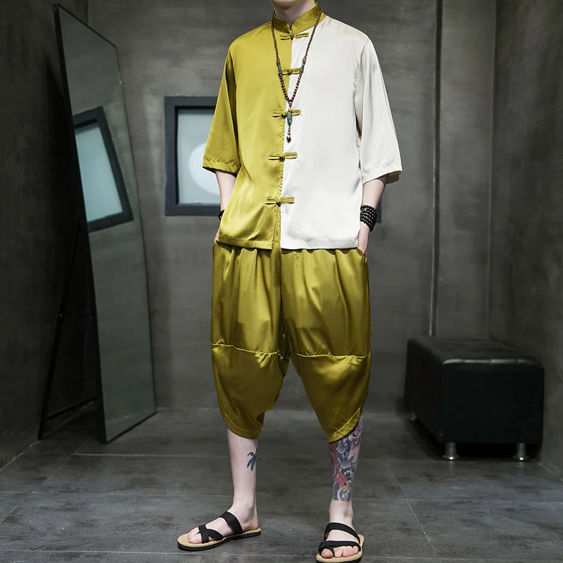 

Плюс размер M-XXXXXL Летний наряд в китайском стиле Color Block Ice Silk Hanfu Рубашка с короткими рукавами и укороченные брюки Комплекты из двух предметов для мужчин