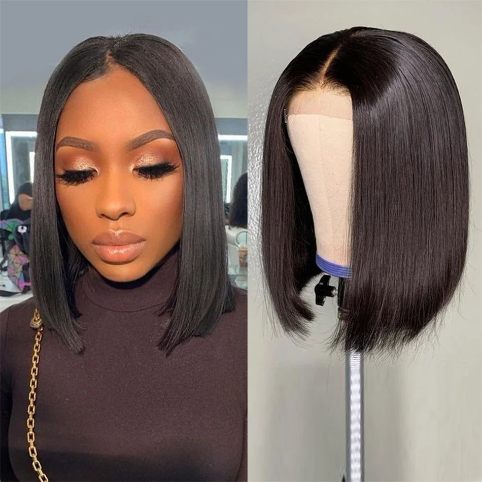 

HOT WAVE Short Straight Bob Wig T part HD Transparent Lace Front Human Hair Wigs Natural Black Wig Human Hair For Women 180%