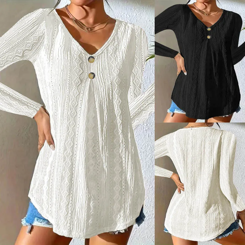 Blusa Casual de Mujer con Cuello en V, Manga Larga, Color Sólido, Detalles Calados y Botones Decorativos, Estilo Holgado para Otoño