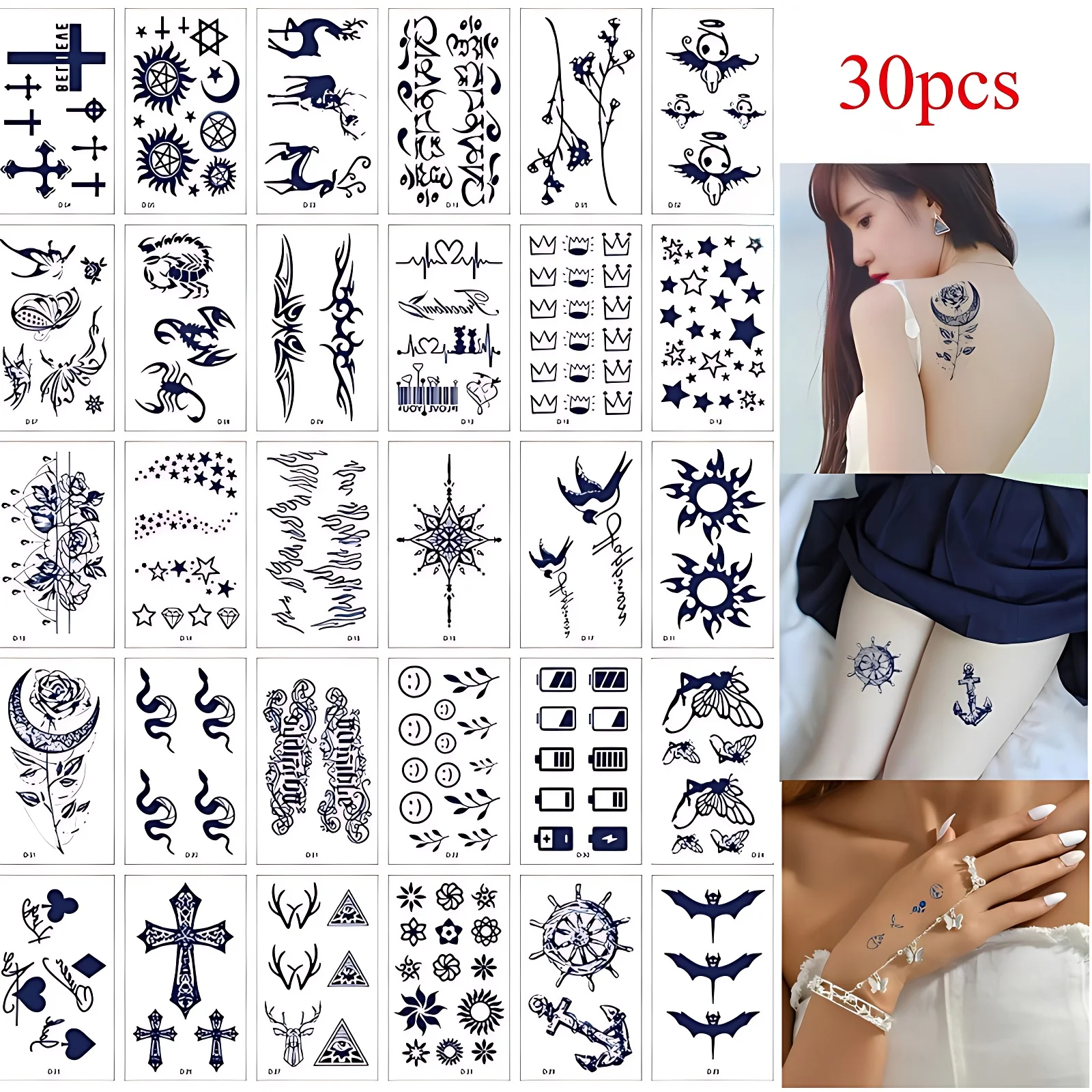 30pcs/lot Fake Herbal Juice Tattoos Adhesive Women Adult Snake Bat Flower Rose Antler Scorpion Semi-Permanent Tattoo Stickers