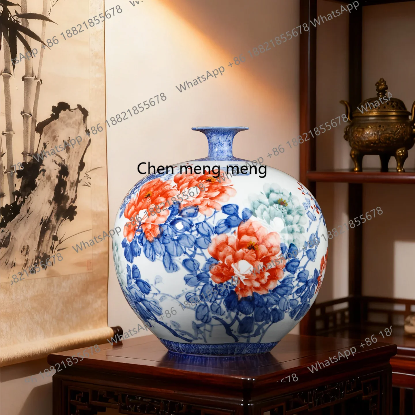 M07 Jingdezhen ceramics hand-painted Chinese blue and white porcelain vase pomegranate vase living room ornament large