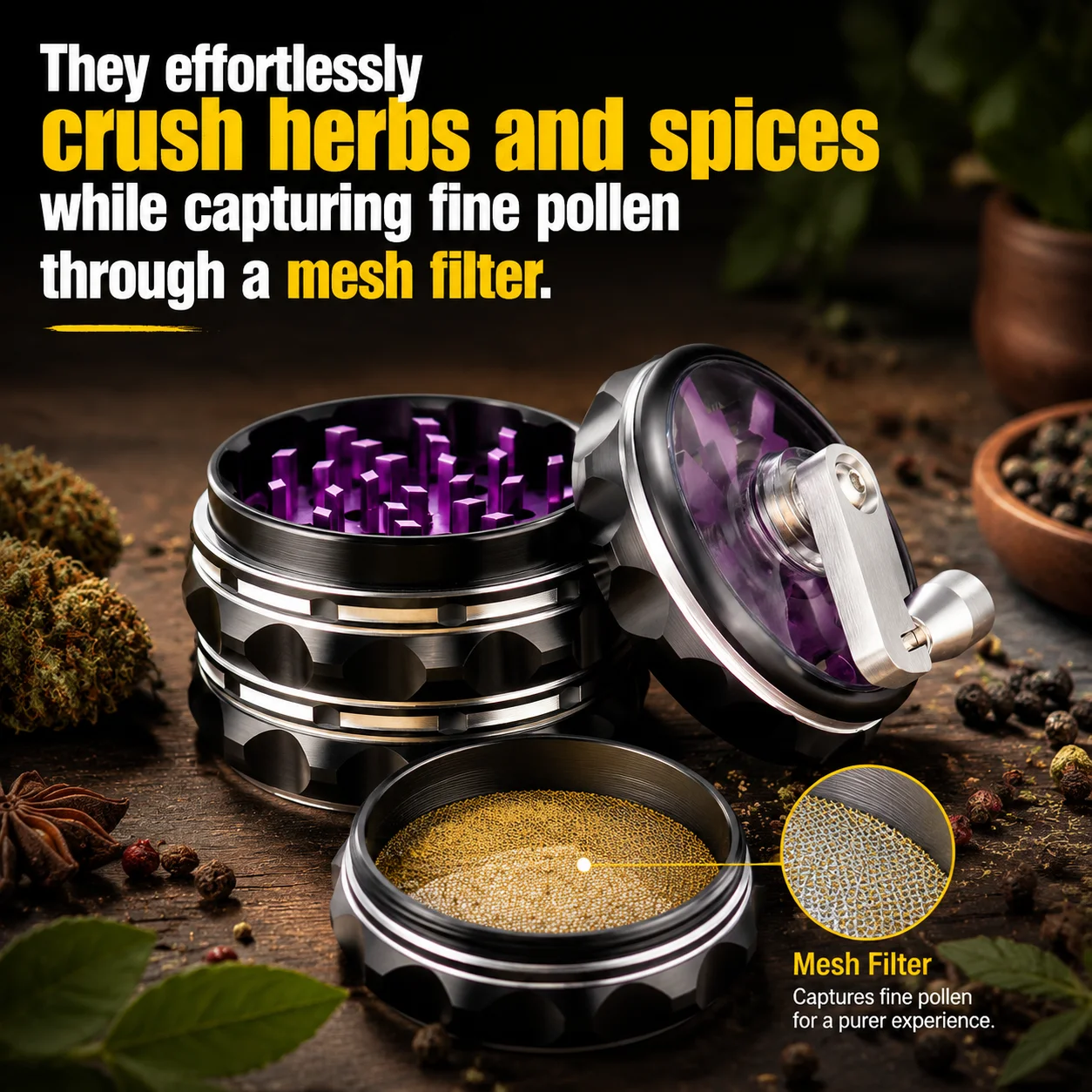 2.5Inch Flash Handle Herb Grinder 4-layer Mill Spice Mortar Aluminium Alloy Pestle Tobacco Grass Grinder Smoking Accessories