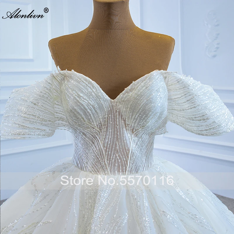 Alonlivn Sweetheart Luxury Shiny Lace Ball Gown Wedding Dresses Off The Shoulder Bridal Skirts