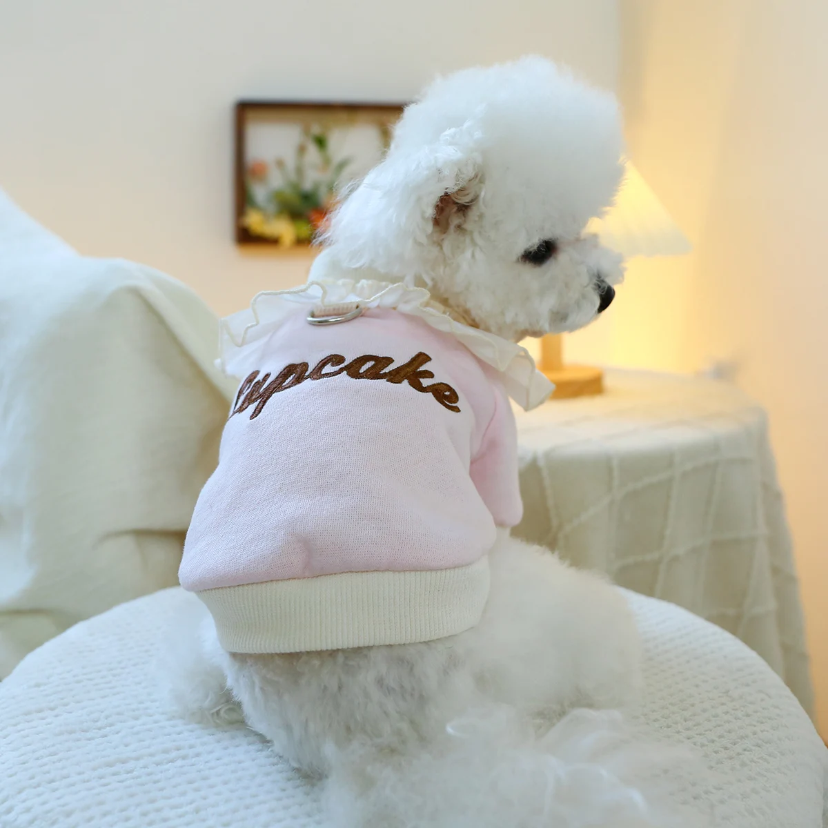 1PC Pet Clothing Cat Spring Autumn Plush Thickened Pink Cake Lace Pullover Round Neck Shirt Suitable for Small and Medium Dogs