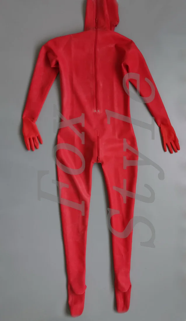 0.8 mm thickness Heavy latex rubber exo-tic Catsuits with an-us mouth pe-nis con-doms in black full cover bady in red