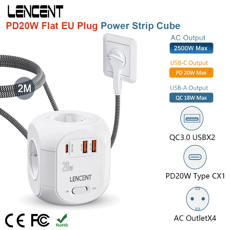 LENCENT Power Strip Cube with 4 AC Outlets +2 QC3.0 USB Ports +1 PD20W Type C 2M Braided Cable Multi Socket with Switch for Home