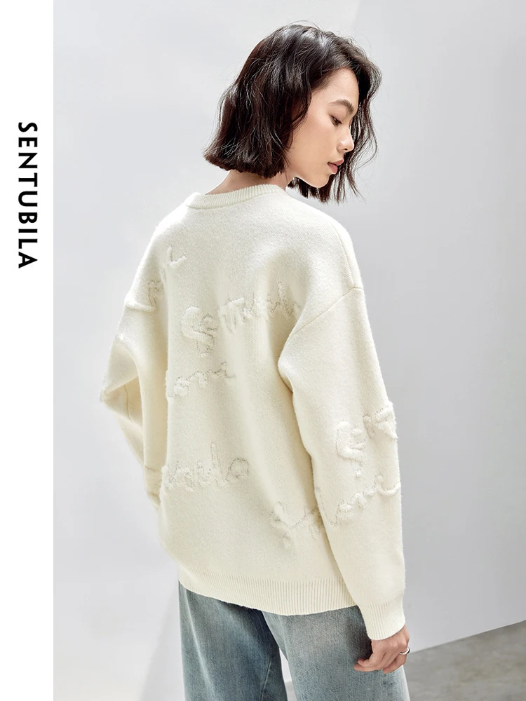 SENTUBILA Jacquard Knitted Pullovers Women 2024 Autumn Commute Casual Loose Fit O Neck Long Sleeve Warm Knitwear W43E56268