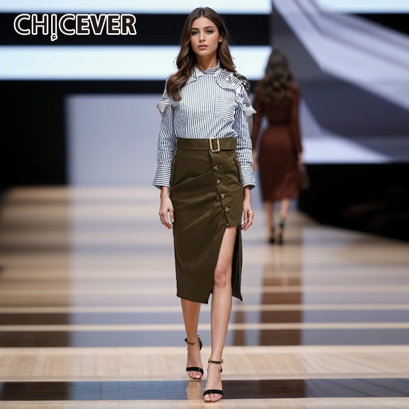 

CHICEVER Patchwork Button Casual Skirts For Women High Waist Spliced Belt Split Temprament Midi Skirt Female Sumer Clothing New