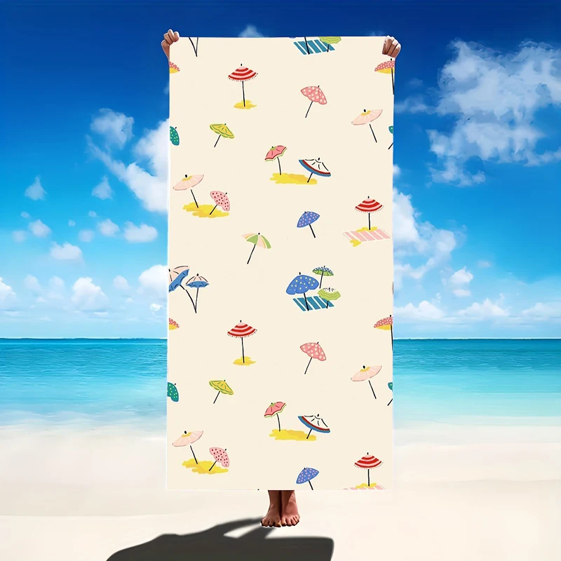 Colorful Umbrella Print Beach Towel Retro Beach Scene Pattern Quick Dry Microfiber Towel For Summer Pool Travel