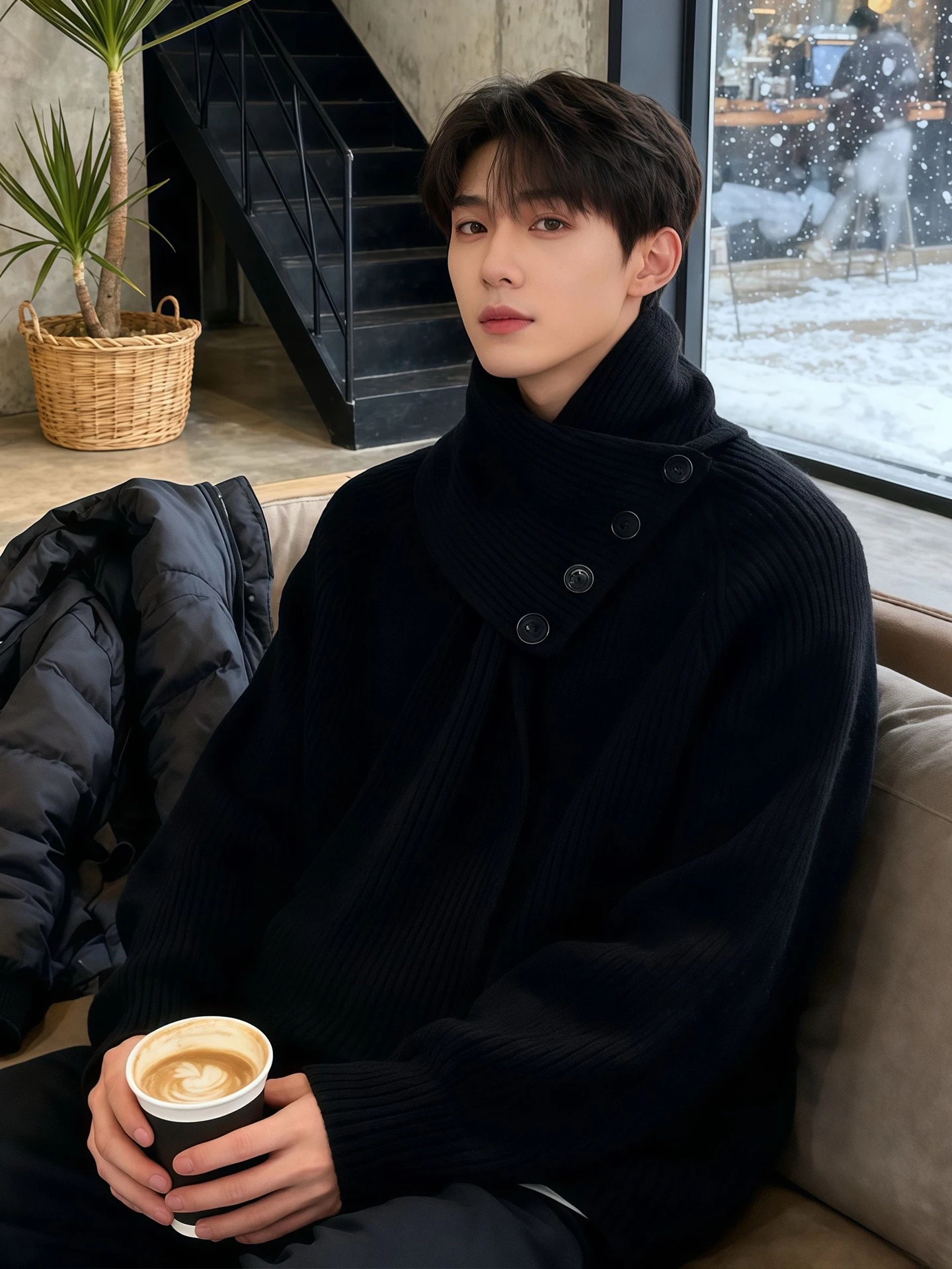 Men's 2025 Autumn Winter New Detachable Scarf Knitted Sweaters Solid Color Half Turtleneck Knitted Tops Male Handsome Knitwears