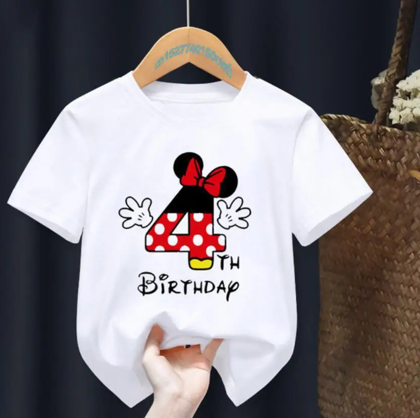 Birthday Number Print Disney 2024 New Kids T-Shirt Cute Cartoon Summer Cotton Short Sleeve Comfortable High Quality Top Fashion