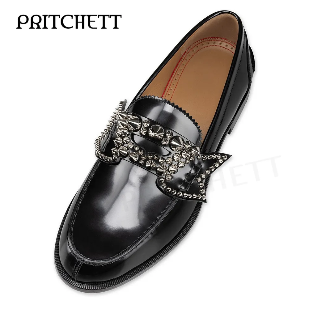 Trendy Rivet Decorated Loafers Black Round Toe Leather Casual Shoes Large Size Personality Fashion Business Trend Men's Shoes