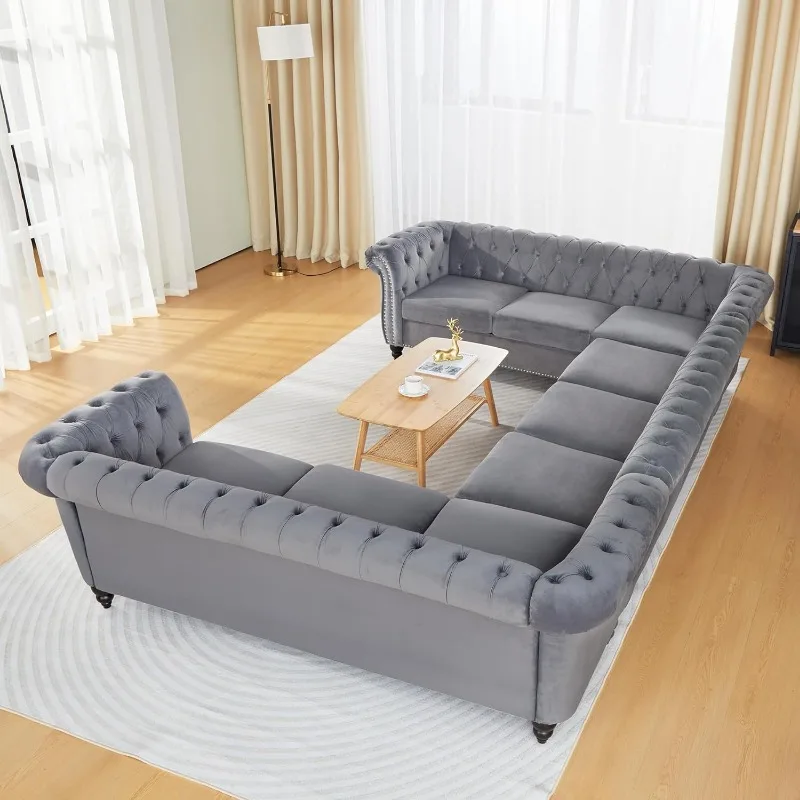 L-Shaped Sofa, Sectional Chesterfield Couch 5-Seater Velvet Upholstered Small Accent Tufted Sofa with Rolled Armrest