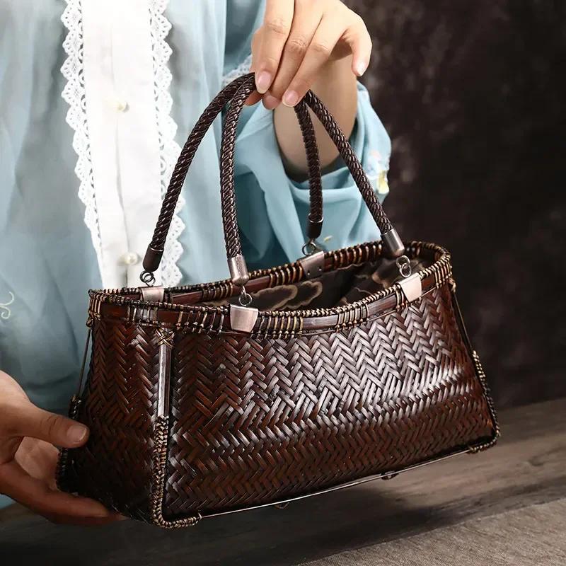 Portable Bamboo Woven Bag Women Retro Handmade Basket Intangible Cultural Heritage Craft Natural Straw Shoulder Tote Purse