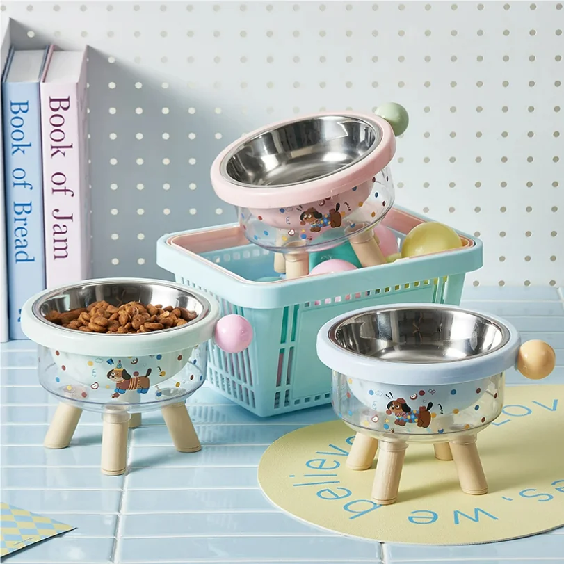 

Cute pet stainless steel high-legged cat food bowl, dachshund pattern design, detachable, easy to clean, dual-use pet bowl