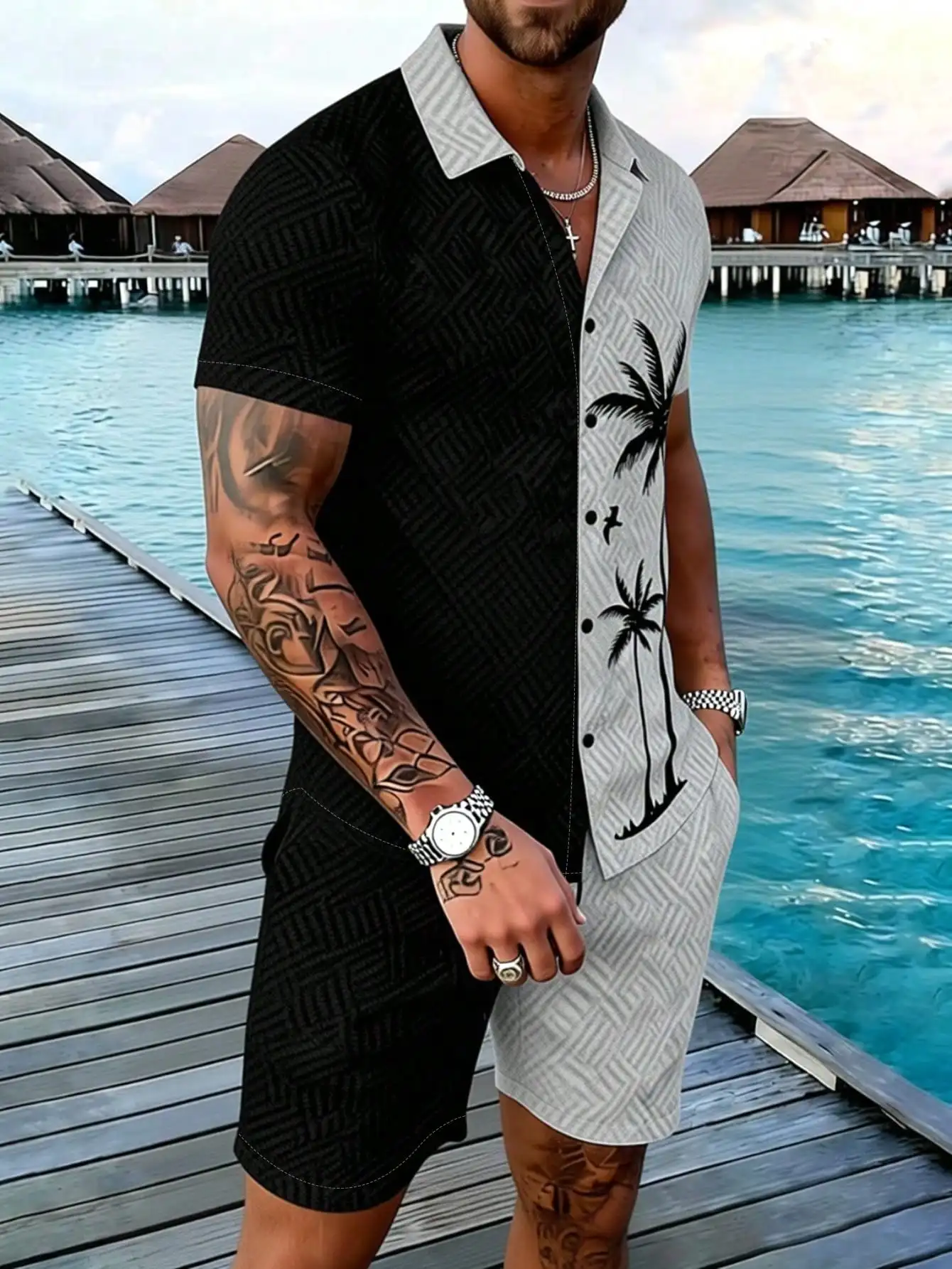 

Mens Summer Two Piece Set With Tropical Print And Patchwork Design Short Sleeve Shirt And Drawstring Waist Shorts