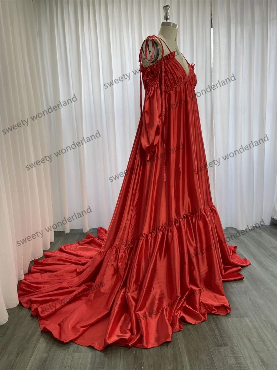 Silk Satin Red Maternity Dress for Women Spaghetti Straps Photoshoot Robe Long Sleeve Boho Prom Gown Bridal Nightwear Real Photo