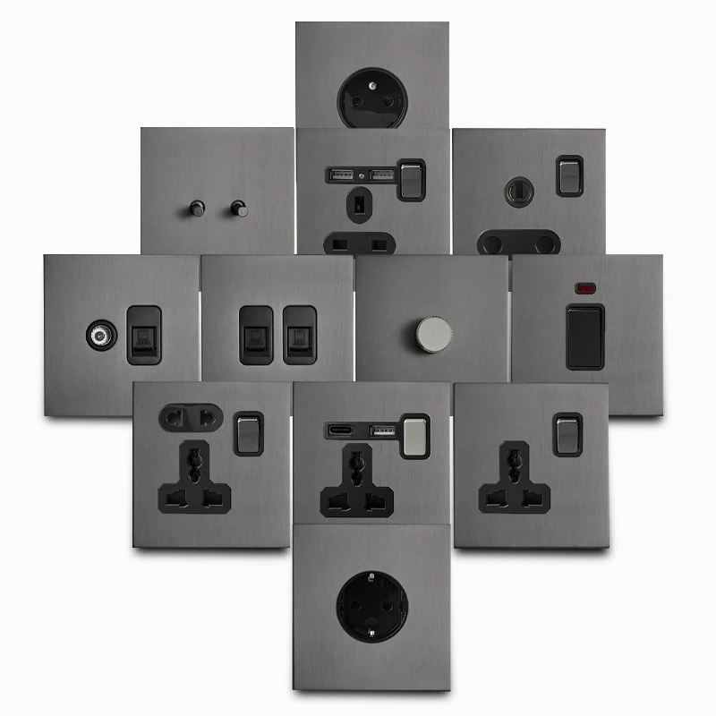 

Серая металлическая панель из нержавеющей стали, настенный настенный выключатель света, 2-сторонняя универсальная розетка, Европа, Великобритания, французская розетка типа C, порт зарядного устройства