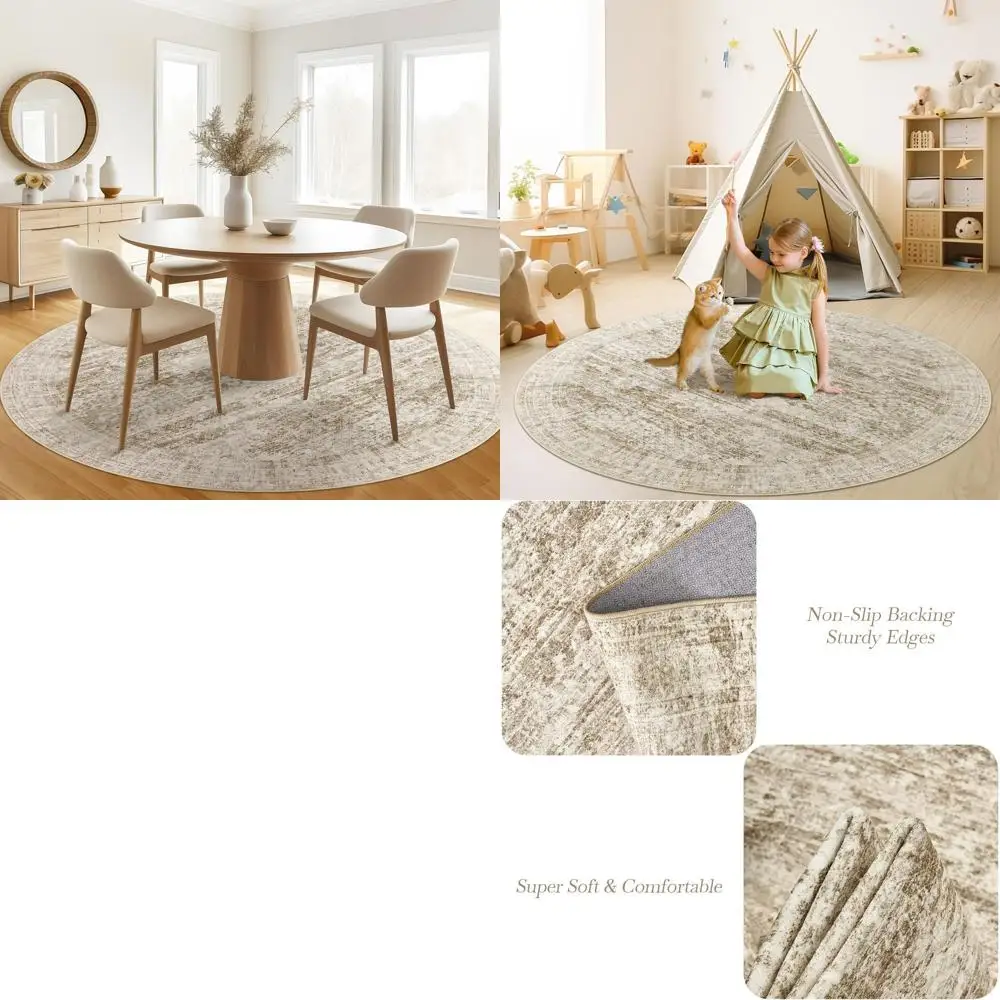 

Круглый винтажный ковер 6x6 футов коричневого цвета для гостиной, столовой и спальни с нескользящим покрытием для использования внутри помещений