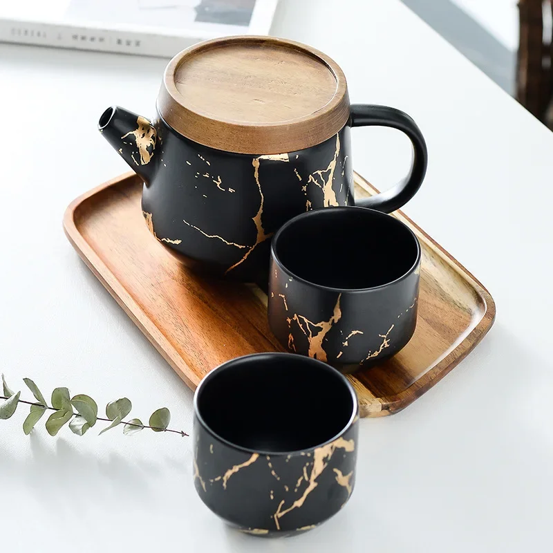 

4pcs/sets Marbling Afternoon Tea Set Black Tea Cup Teapot Dessert Tray Set Ceramics Couple Mug Teaware Sets Kithenware Supplies