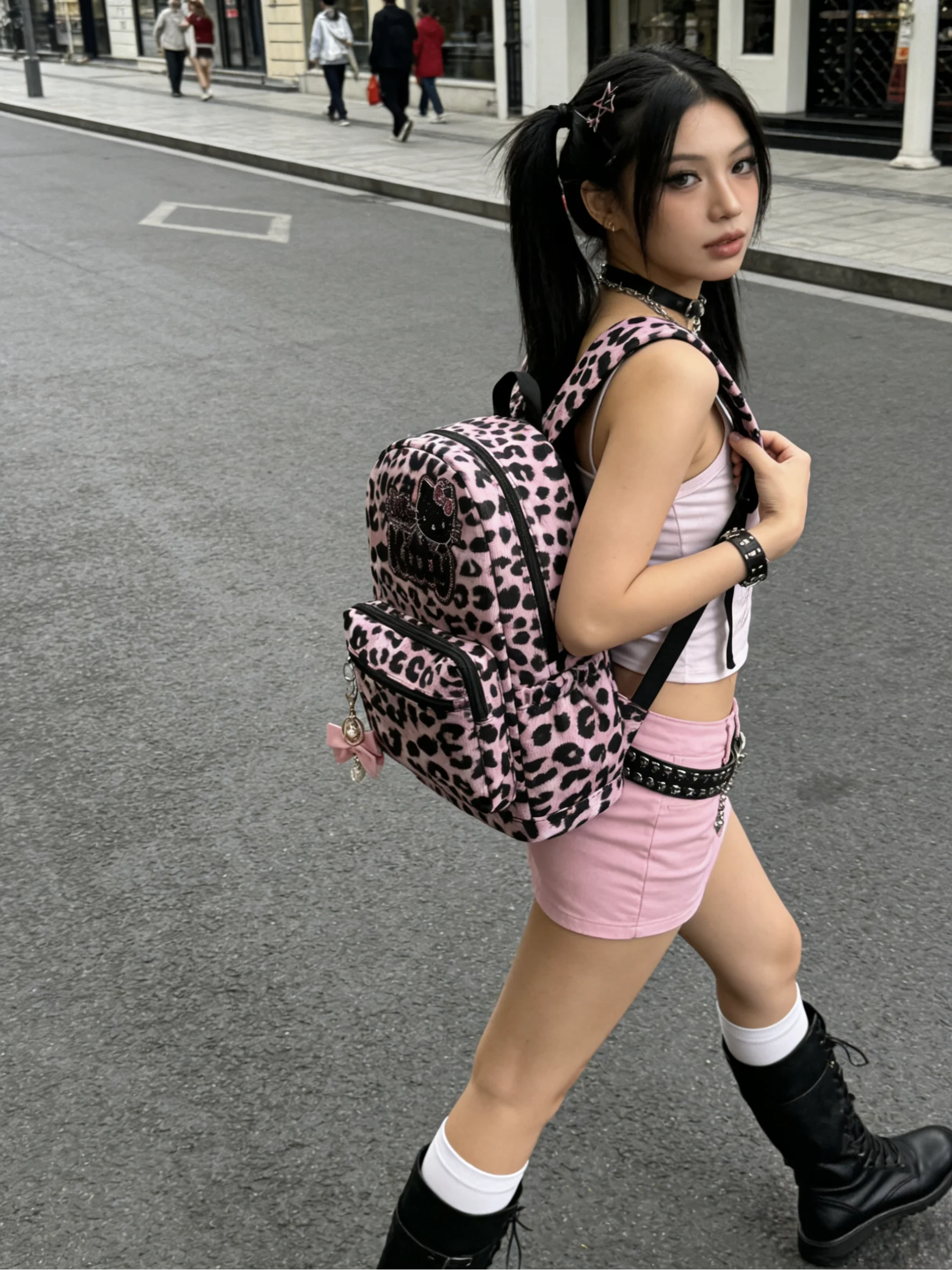 large-capacity-street-style-leopard-print-backpack-zrvr-women's-computer-bag-cartoon-kt-design-commuter-zipper-closure