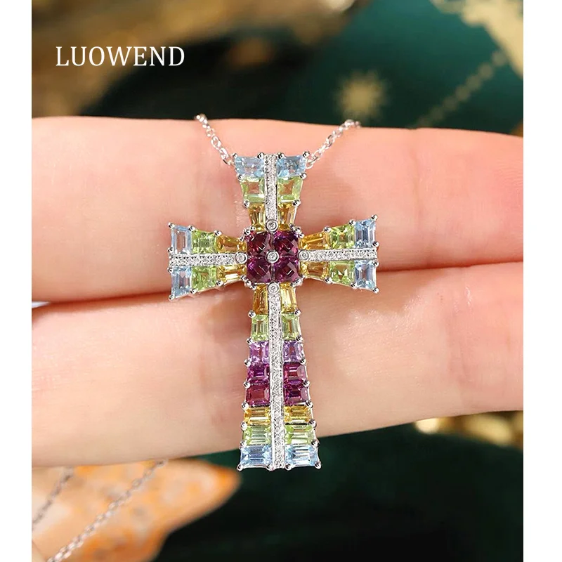 LUOWEND 100% 18K White Gold Necklace Luxury Rainbow Cross Pendant Shiny Diamond Natural Gemstone Necklace for Women Fine Jewelry