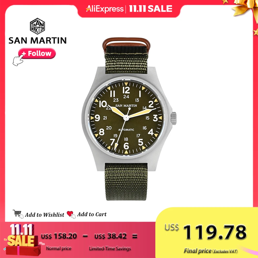 

San Martin 38mm NH35 Retro Military Pilot Watch Bead Blasted Case Automatic Mechanical Watches for Men 10Bar Waterproof Luminous