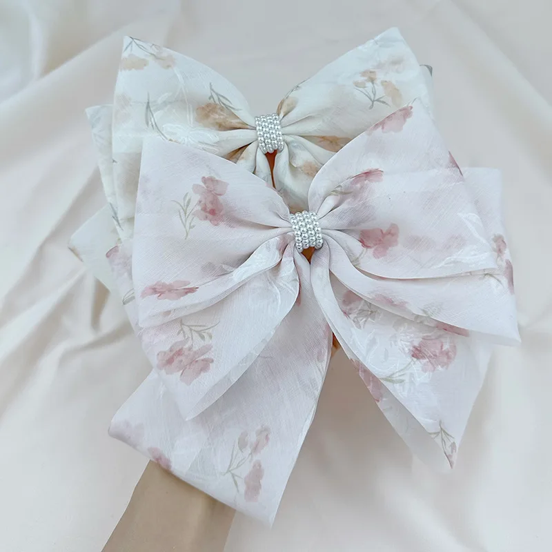 

New Arrival Luxury Floral Mesh Pearl Bow Hair Clip Spring Clamp for Women Trendy Hairpins Elegant Headwear Accessories