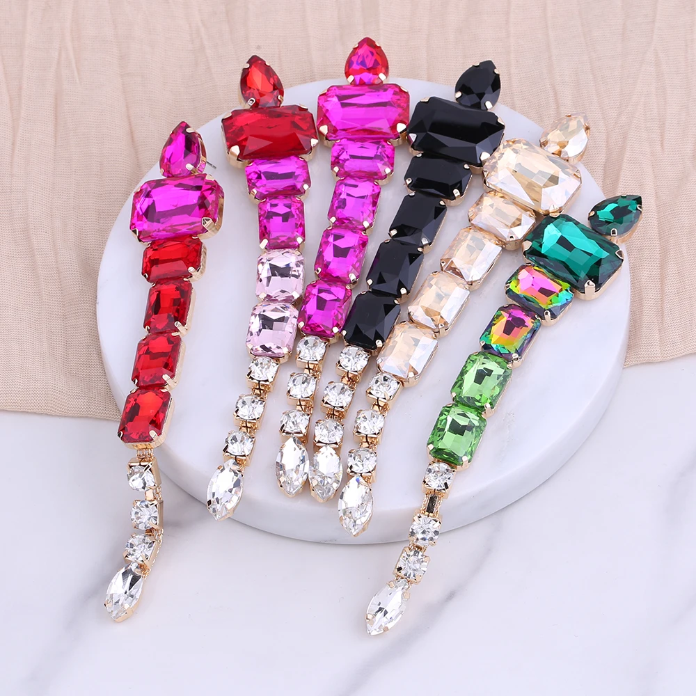 Handmade Crystal Big Drop Dangle Earrings Square Gemstone Long Jewelry for Women Shiny Rhinestone bridal Tassel Pendant Earrings